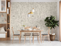 Neutral beige floral pattern wallpaper with line art