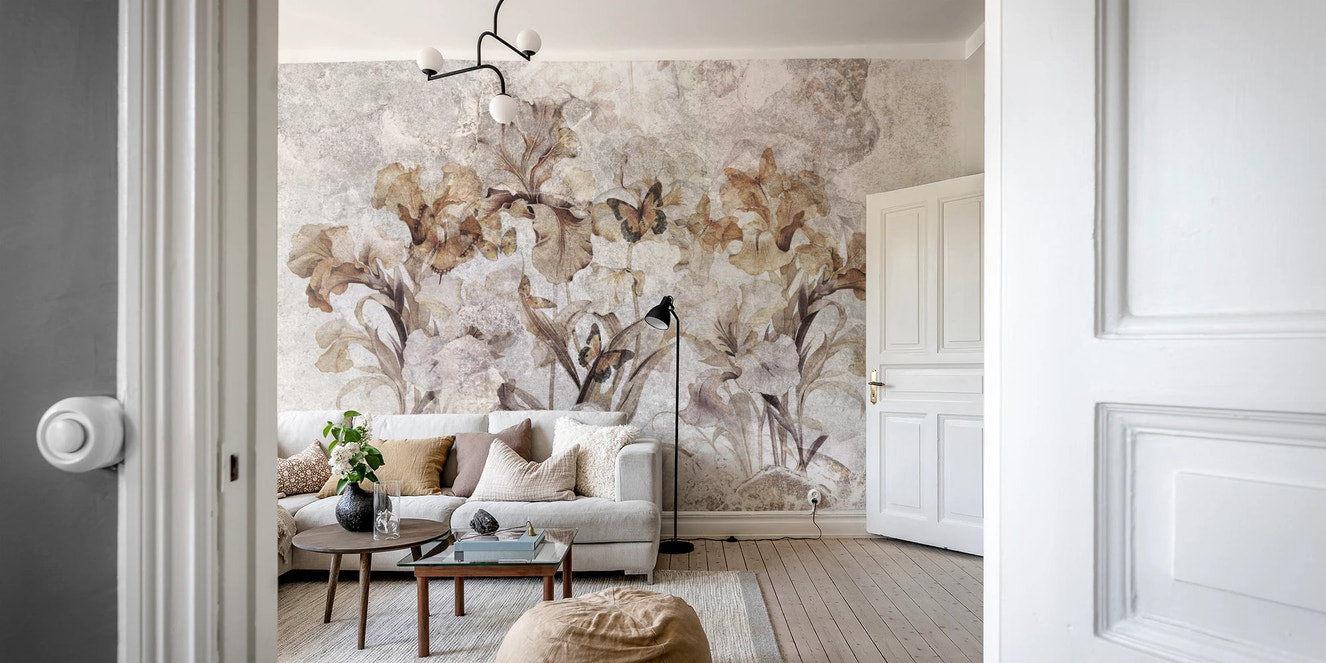 Floral Tapestry Wall Mural in a bright living area with white trim and sofa.