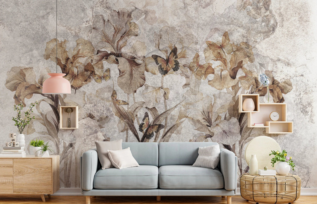 Living room backdrop with a vintage floral wall mural.
