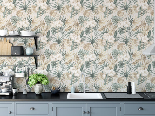Kitchen sink area with Floral Tropics Foliage Palm Leaves Wallpaper and blue cabinets.