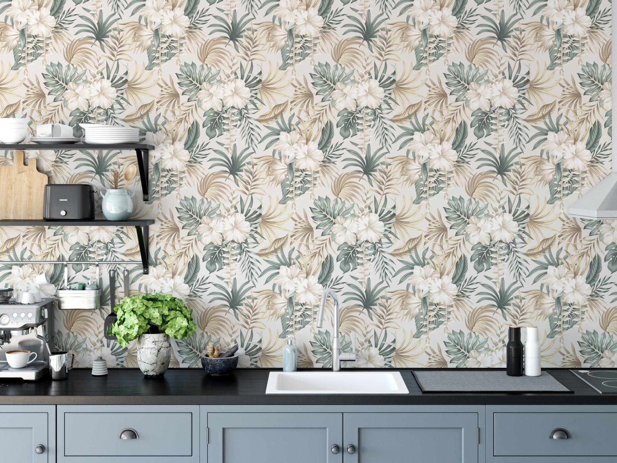 Kitchen sink area with Floral Tropics Foliage Palm Leaves Wallpaper and blue cabinets.