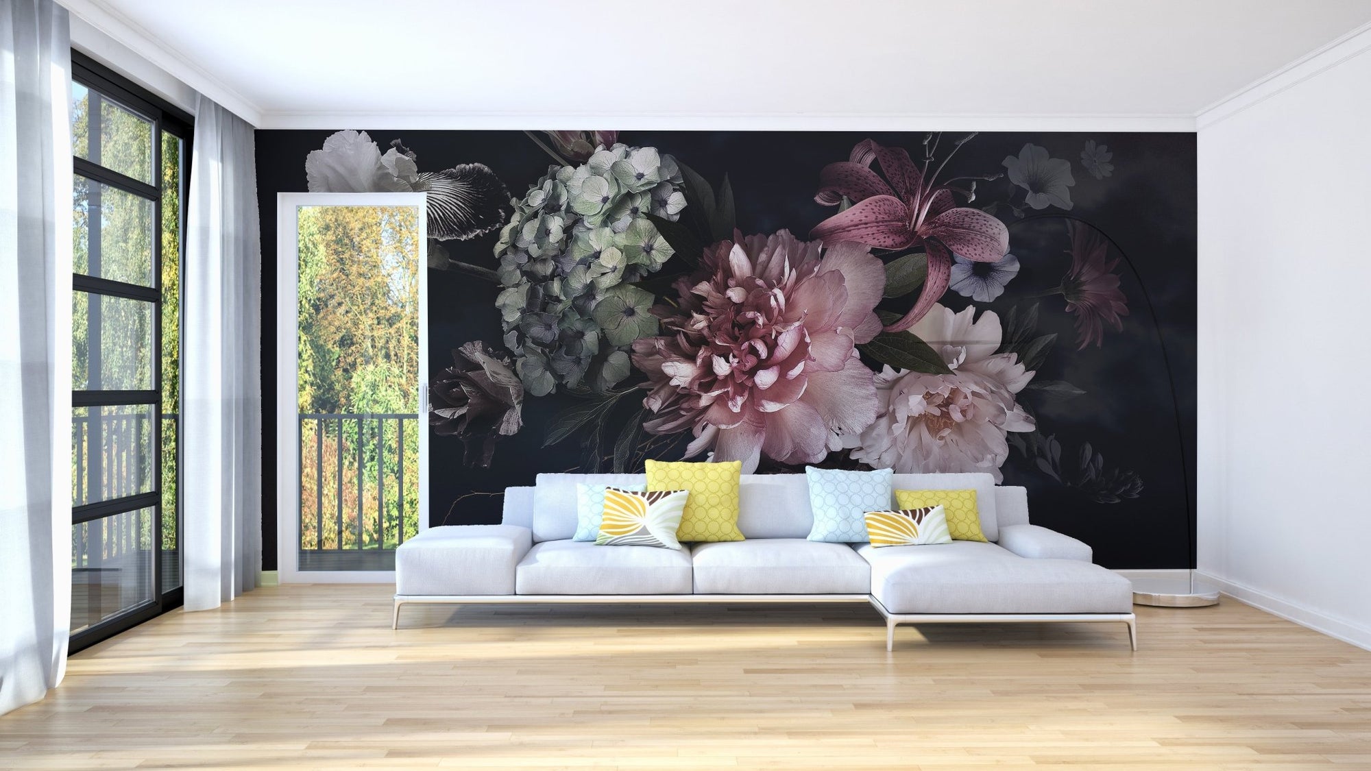 Floral Vase Watercolors Wall Murals on a living room wall behind a white sofa.