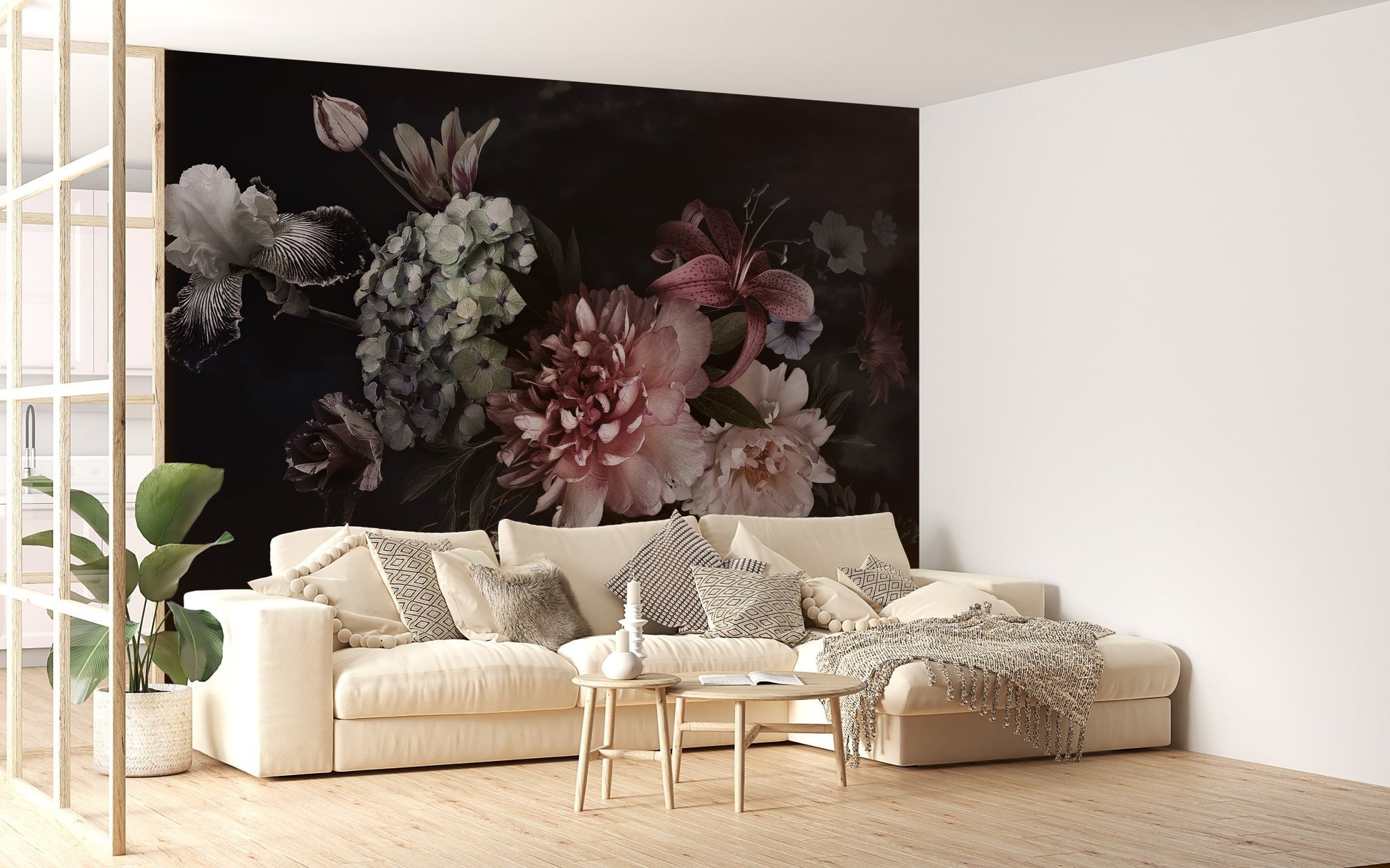 Cream fabric sofa in front of a Floral Vase Watercolors Mural feature wall.