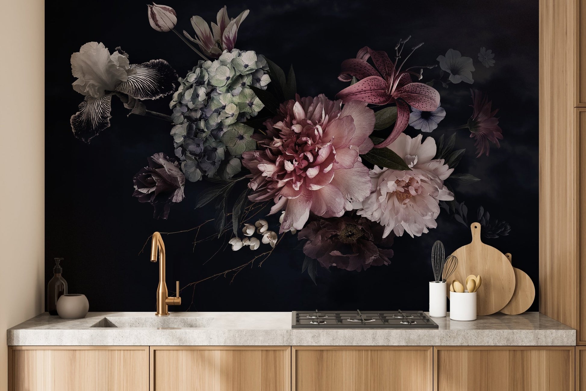 Kitchen backsplash area styled with a dark botanical vase wall mural.