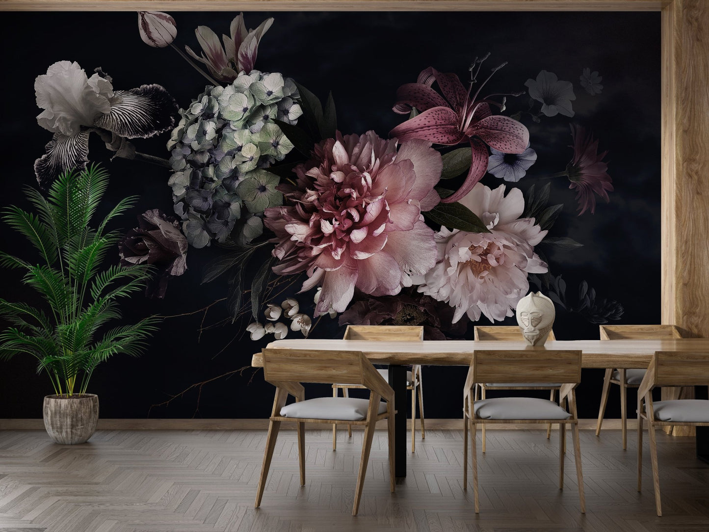 Dining area with wooden furniture and dark Floral Vase Watercolors Wall Mural.