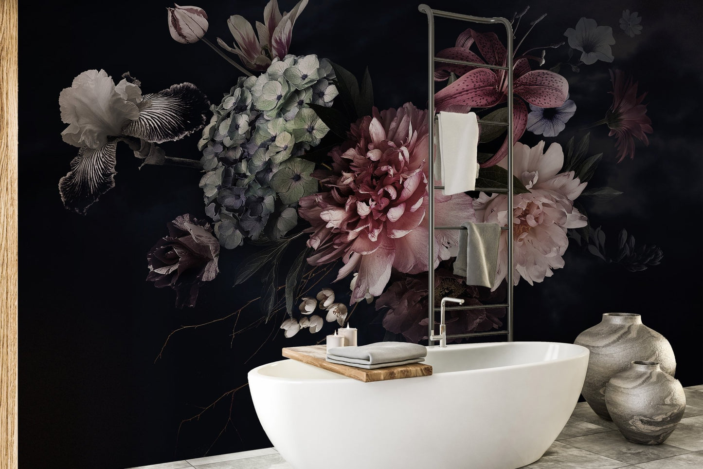 Bathroom vanity with a white sink and floral wall mural in the background.