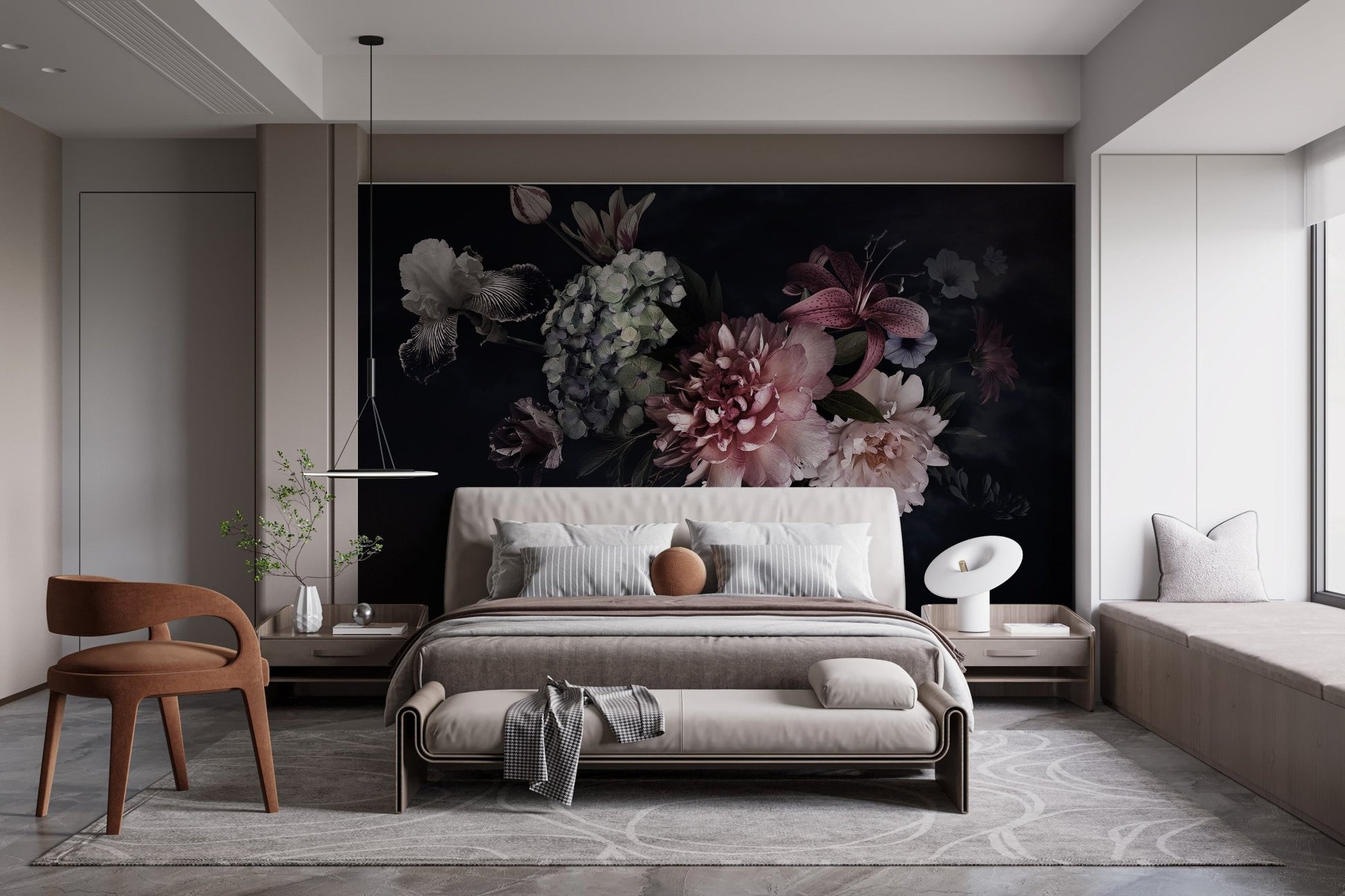 Modern bedroom featuring grey bedding and Floral Vase Watercolors Wall Murals.