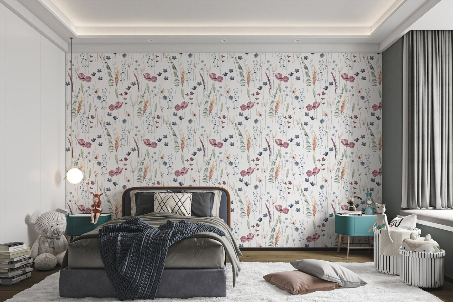 Delicate wildflowers and plants pattern wallpaper for kids bedroom.