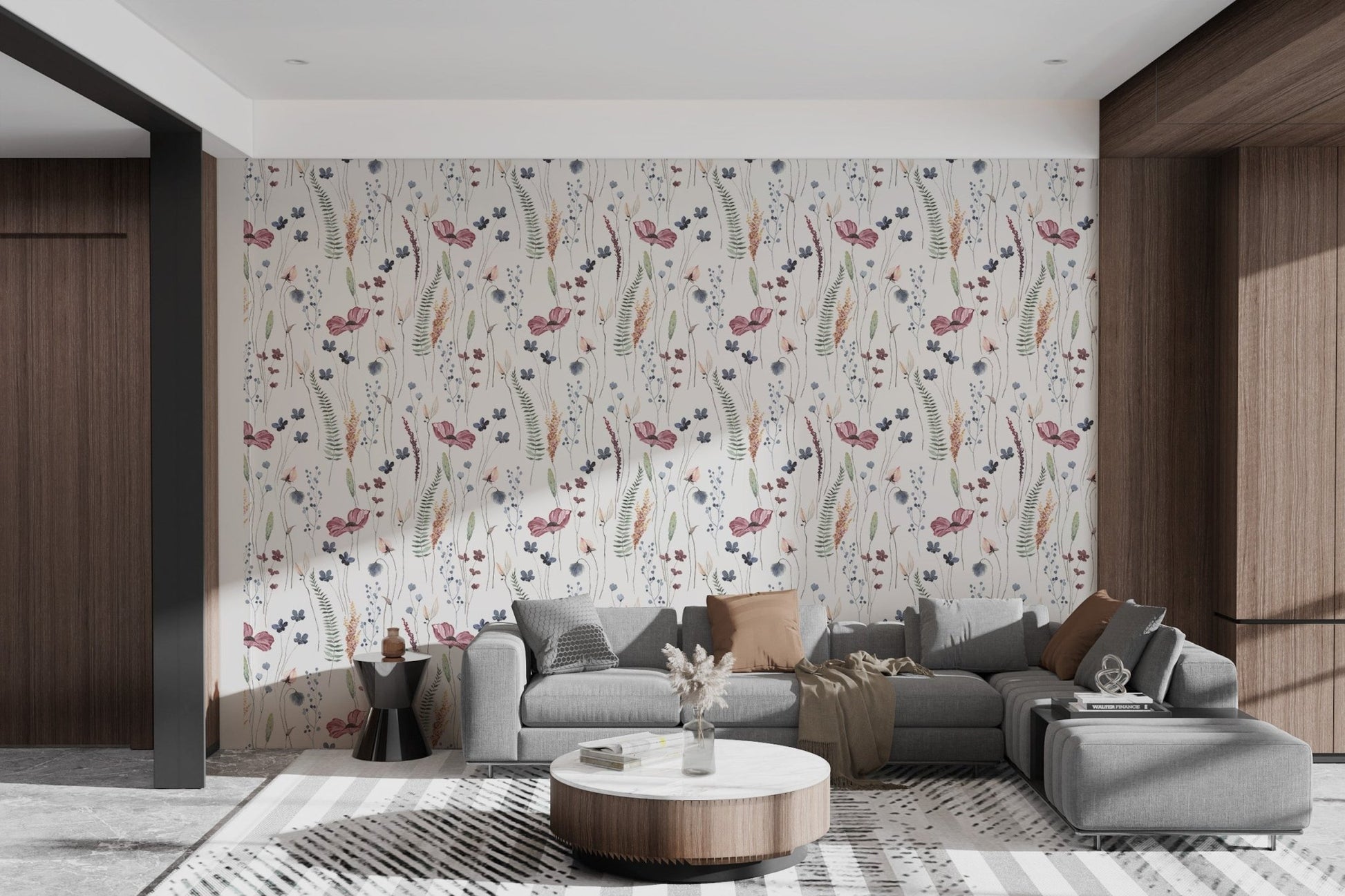 Abstract floral design wallpaper for bright living room.