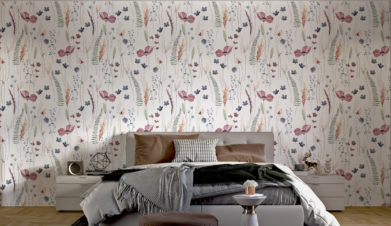 Watercolor floral wallpaper with branches in modern bedroom.