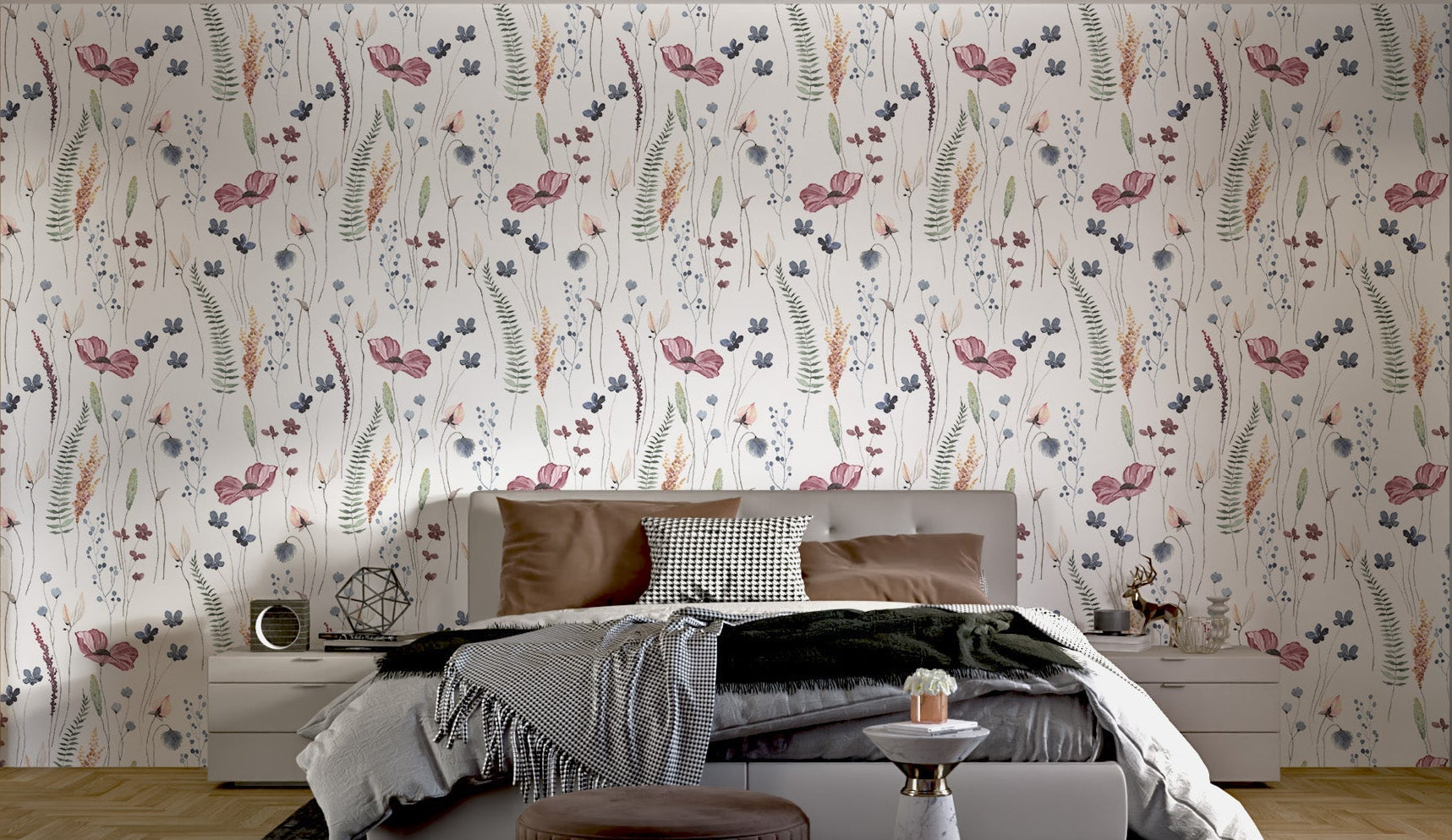 Watercolor floral wallpaper with branches in modern bedroom.