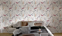 Watercolor floral wallpaper with branches in modern bedroom.
