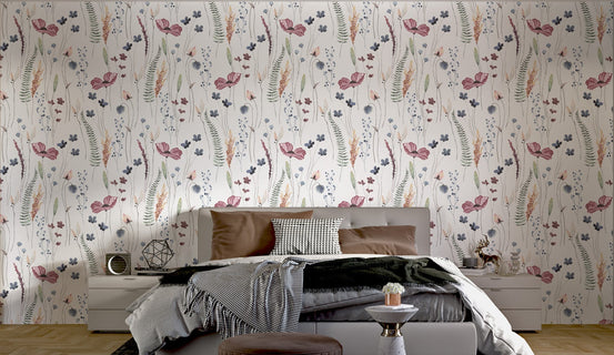 Watercolor floral wallpaper with branches in modern bedroom.