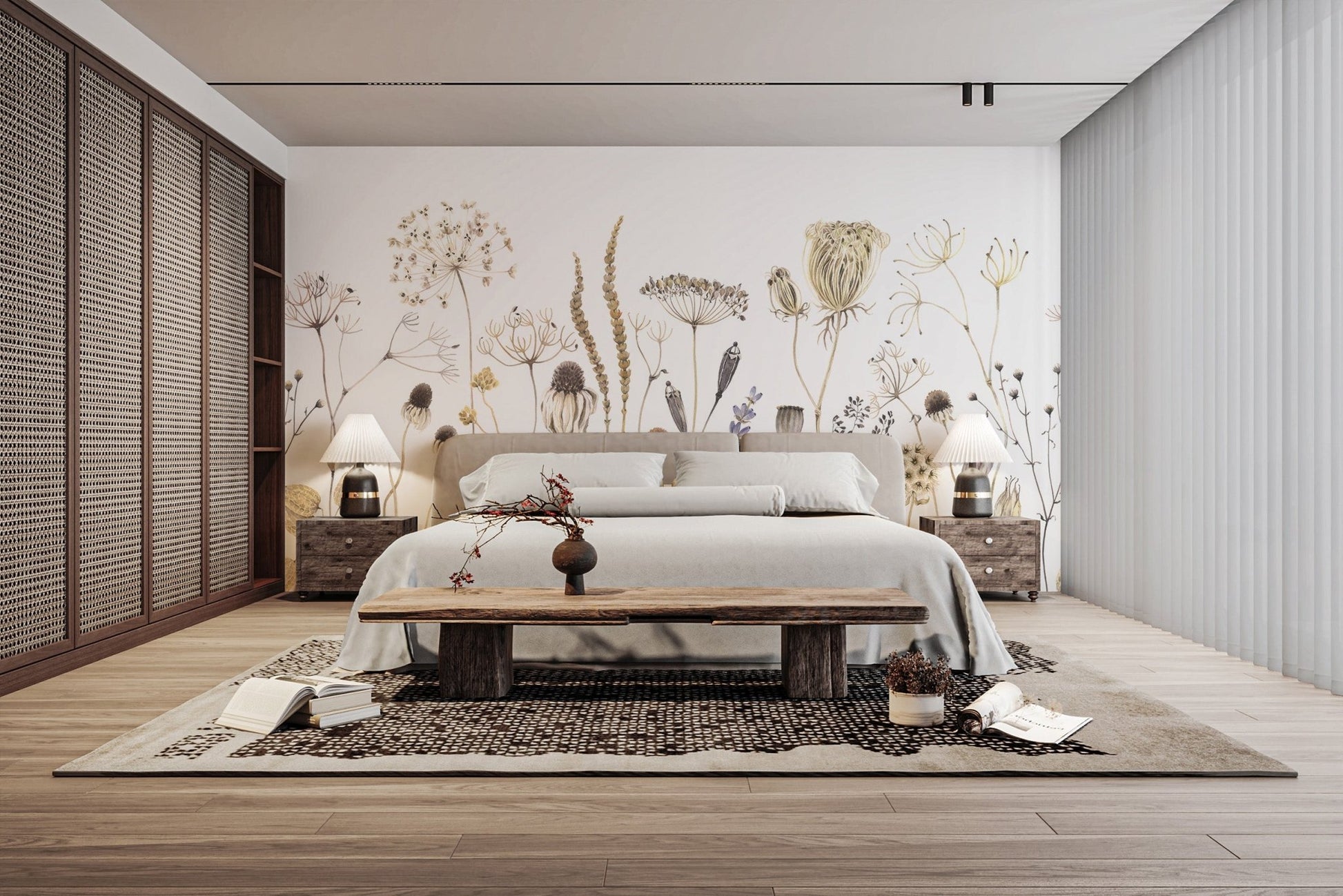 Floral whisper wall mural with delicate dried botanical stems.