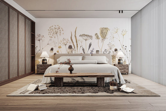 Floral whisper wall mural with delicate dried botanical stems.