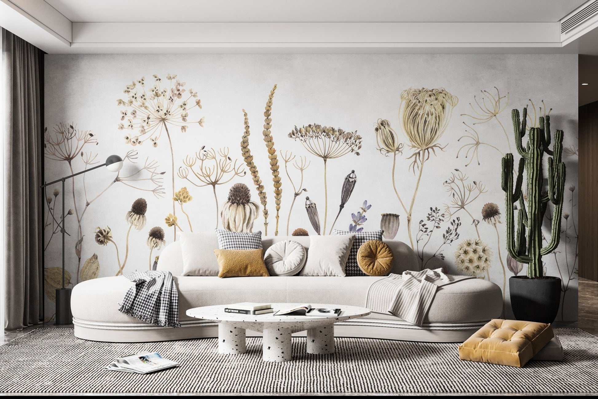 Neutral floral wallpaper mural with soft beige and taupe tones.