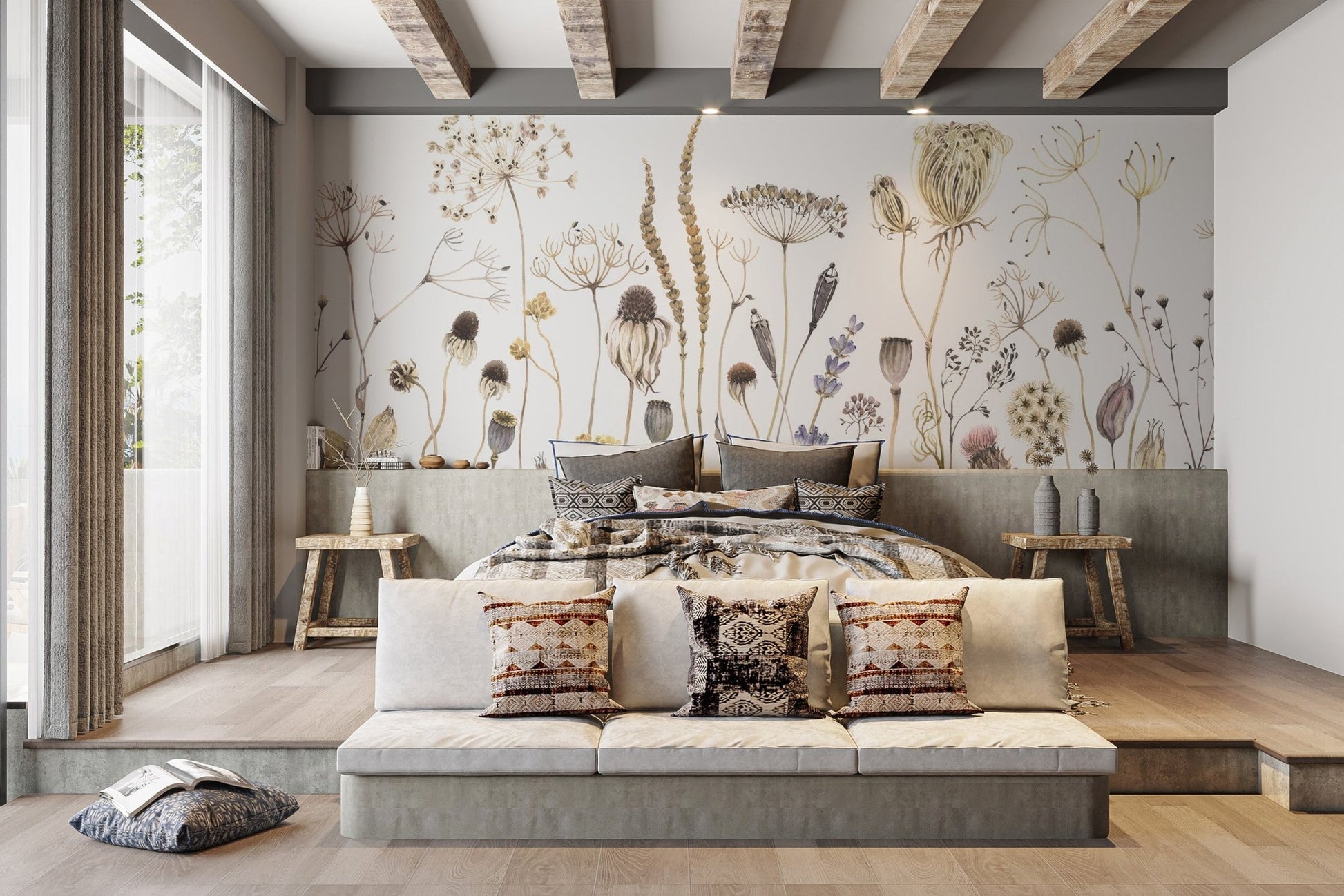 Subtle floral wallpaper mural with organic stem patterns.