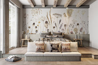 Subtle floral wallpaper mural with organic stem patterns.