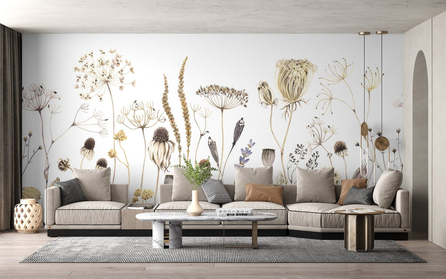 Modern botanical wall mural featuring wild meadow plants.