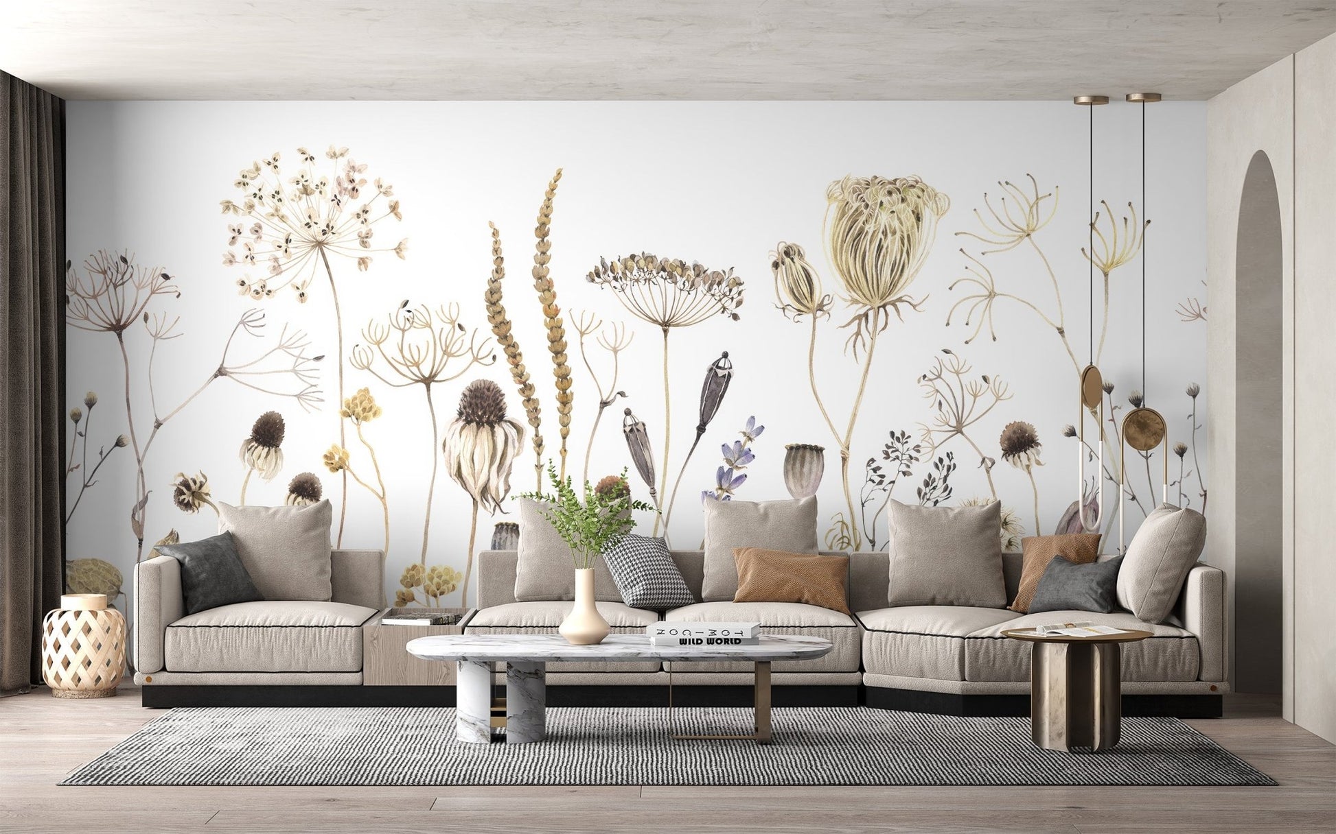 Modern botanical wall mural featuring wild meadow plants.
