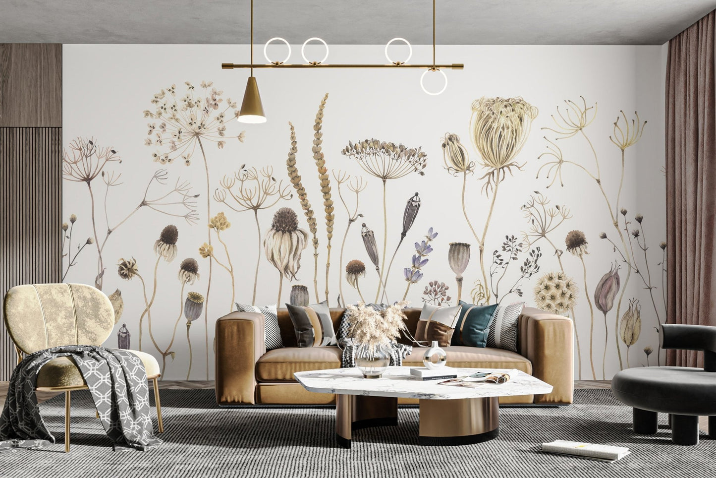 Contemporary wildflower wallpaper mural with subtle shading.