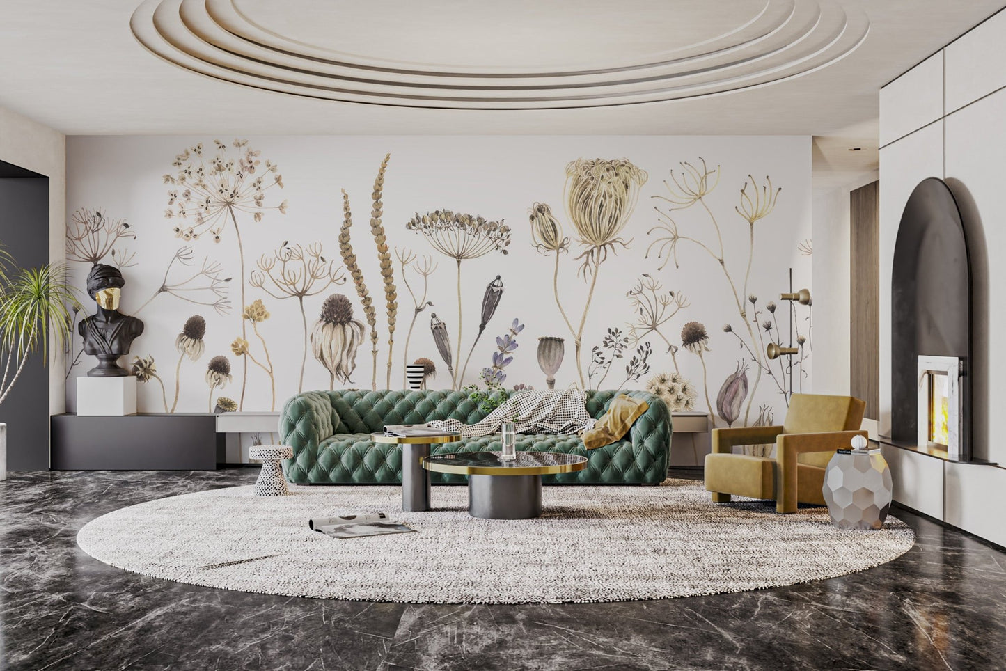 Minimalist floral wallpaper mural in muted earth color palette.