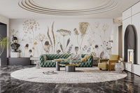 Minimalist floral wallpaper mural in muted earth color palette.