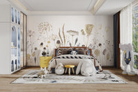 Artistic botanical wallpaper mural with light gray background.