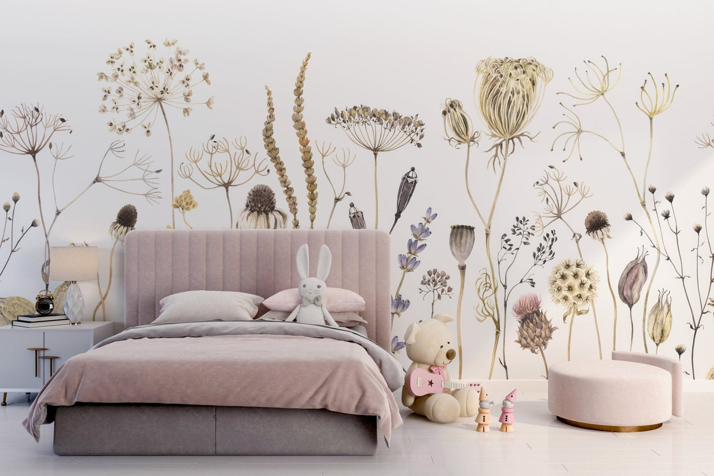 Floral whisper wall mural with airy botanical illustration.