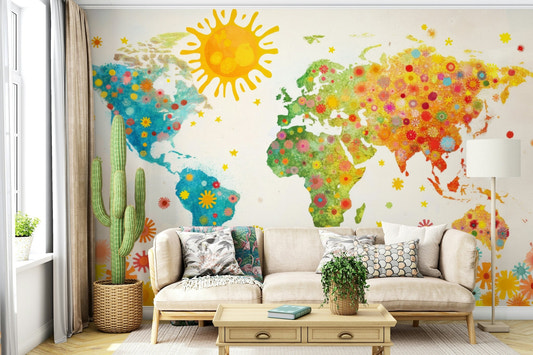 Floral world map wallpaper with a bright sun and colorful botanical patterns.