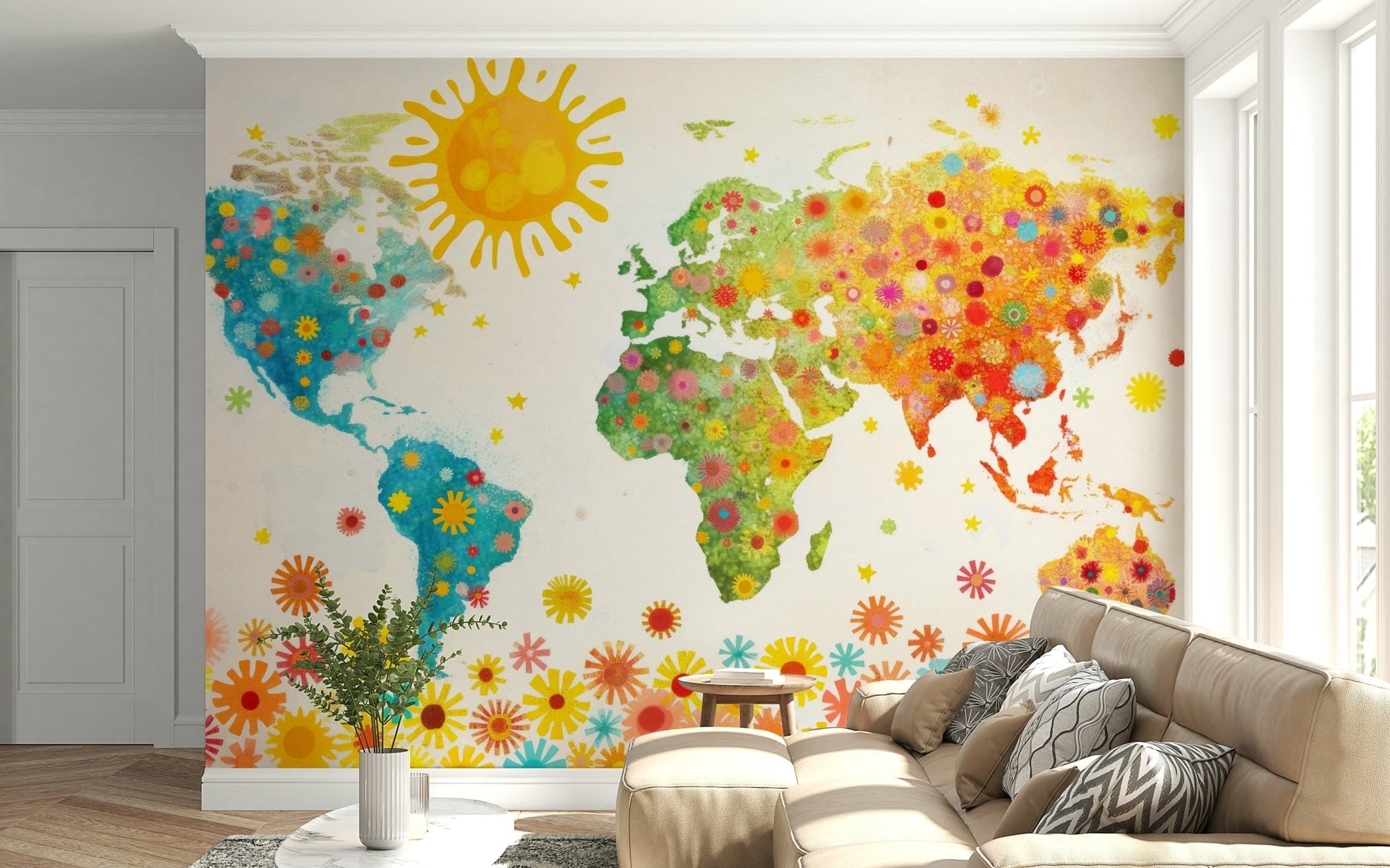 Close-up of artistic petal details on peel and stick wallpaper.