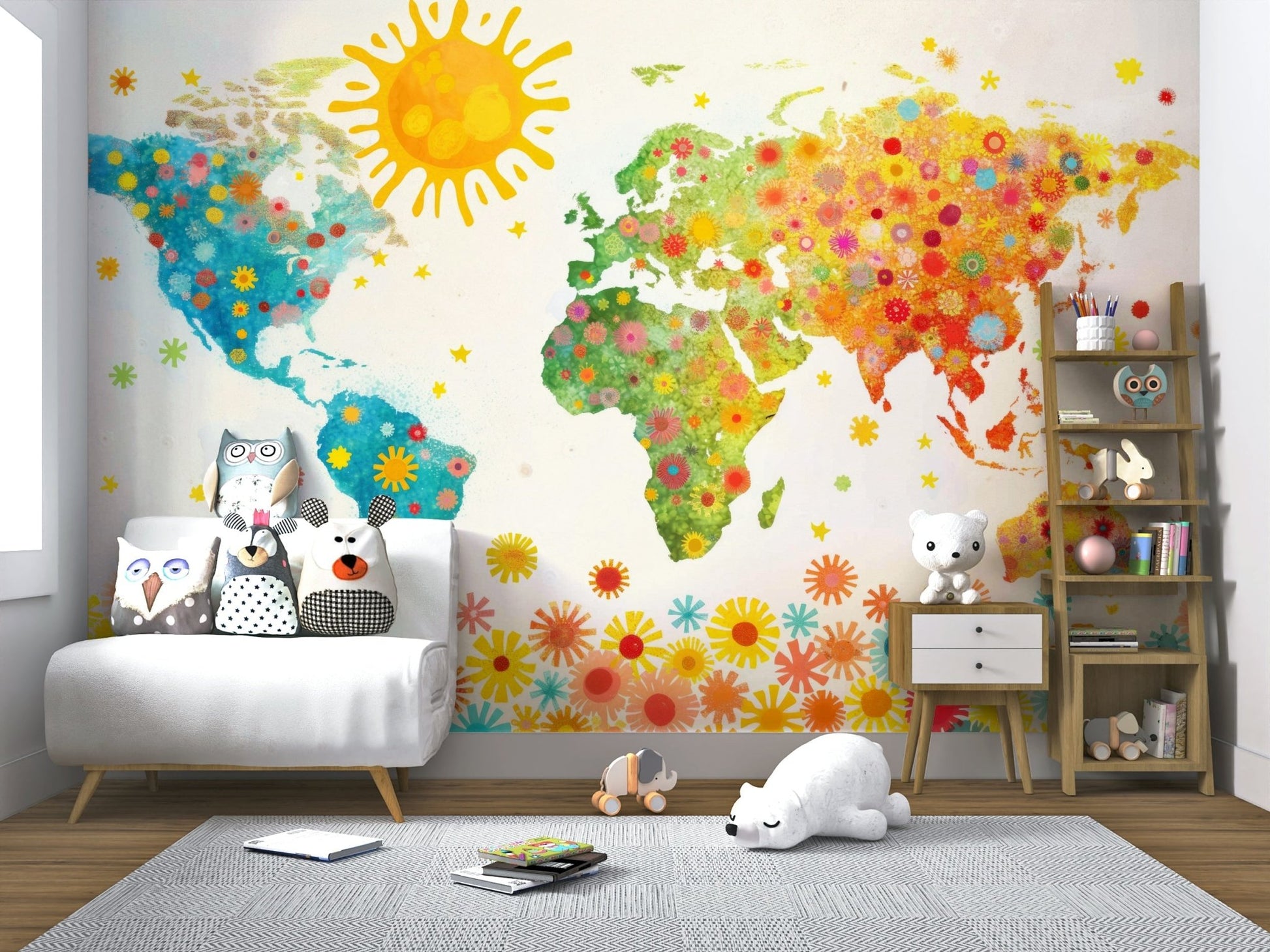 Colorful botanical apartment wall decor with pink and yellow hues.