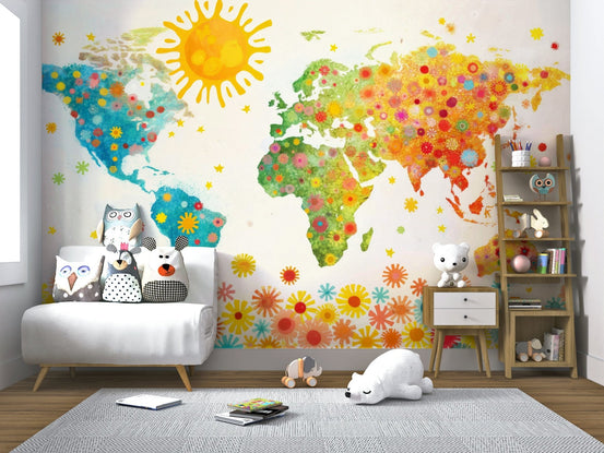 Multi-colored flower petal world map wall mural on a cream background.
