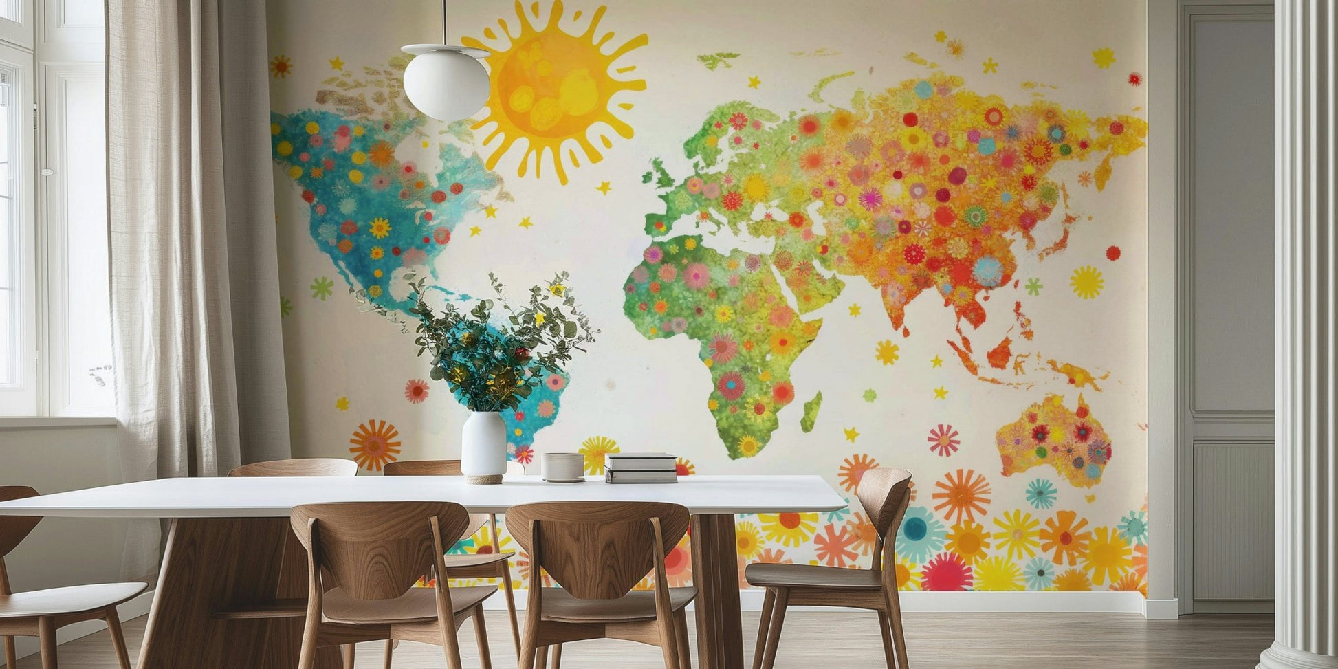 Bold nature scene on a large feature wall in a dining area.