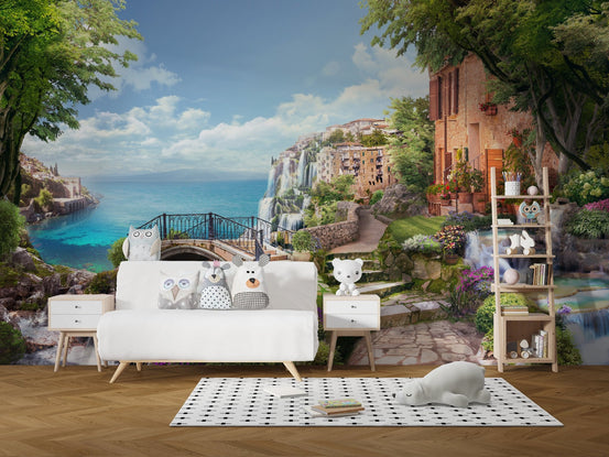 Florence Renaissance Houses Wall Murals in nursery with white sofa and toys wallpaper.