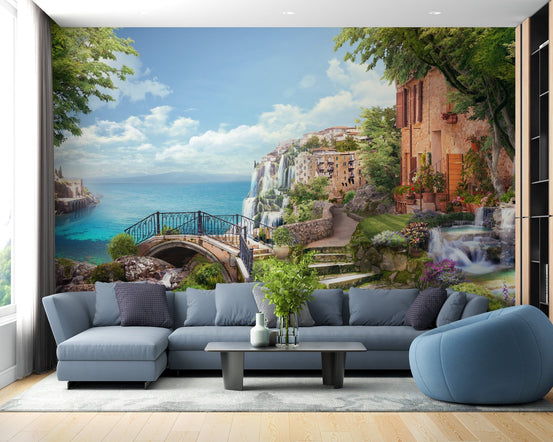 Florence seaside architecture wall mural in contemporary living room with blue sofa.