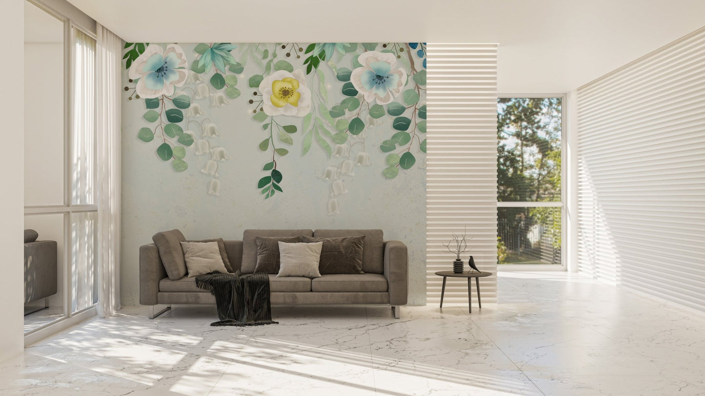 Wide view of a living featuring Flourishing Blossoms Wall Veil Murals.
