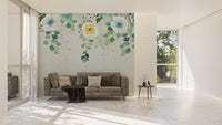 Wide view of a living featuring Flourishing Blossoms Wall Veil Murals.