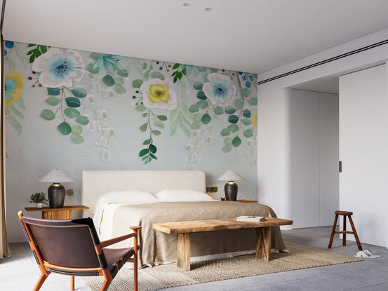 Bedroom featuring a large bed and Flourishing Blossoms Wall Veil Murals.
