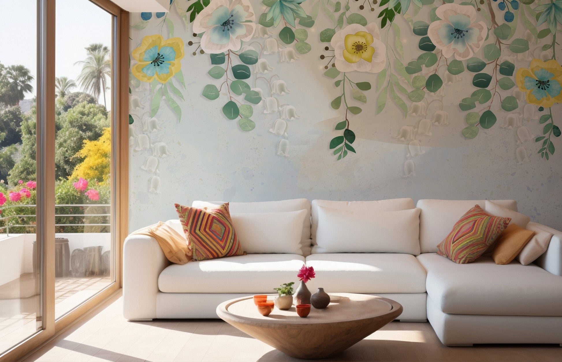 White sofa set against a blue and yellow floral wall mural in a sunlit room.