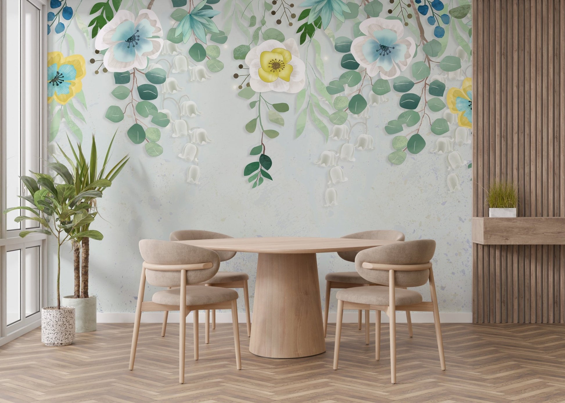 Modern dining space featuring a round table and botanical blossoms wall mural.