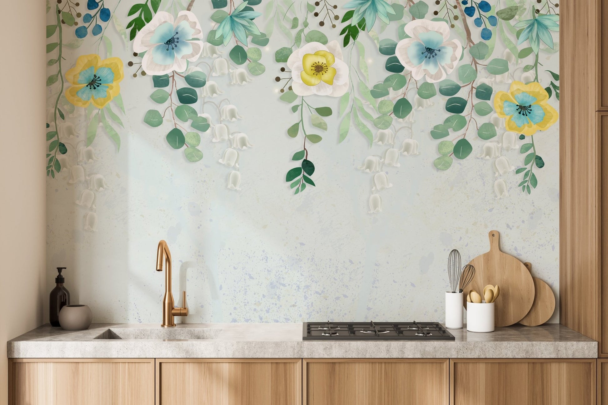Kitchen interior with light wood cabinetry and a green blossoms  wall mural.