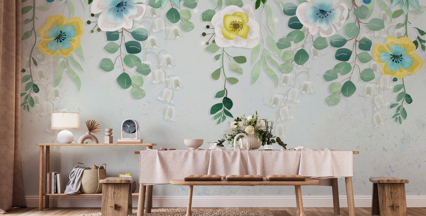 Minimalist side table decor with a flourishing flower wall mural background.