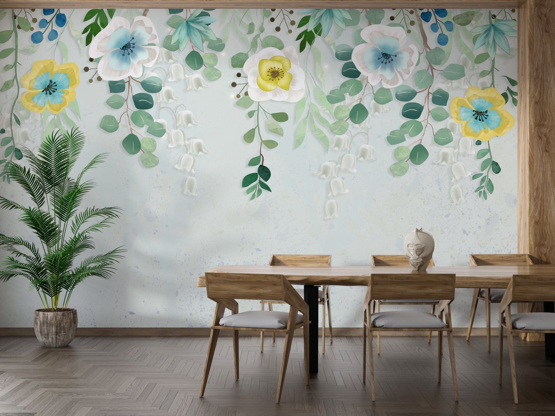 Dining room with Flourishing Blossoms Wall Veil Murals and wooden chairs.