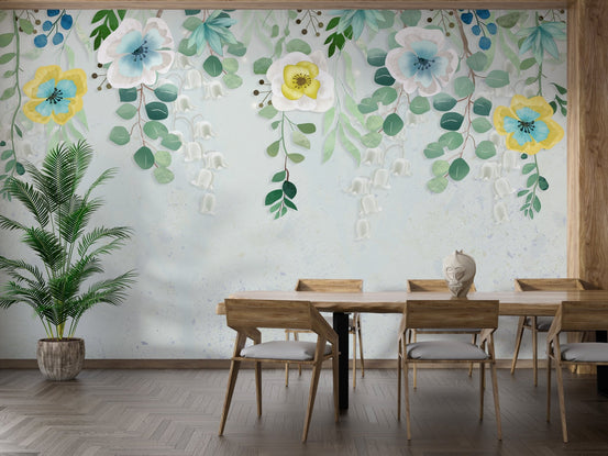 Dining room with Flourishing Blossoms Wall Veil Murals and wooden chairs.