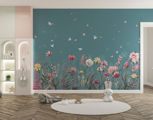 Teal wall mural with pink flowers in a minimalist playroom featuring a white rug.