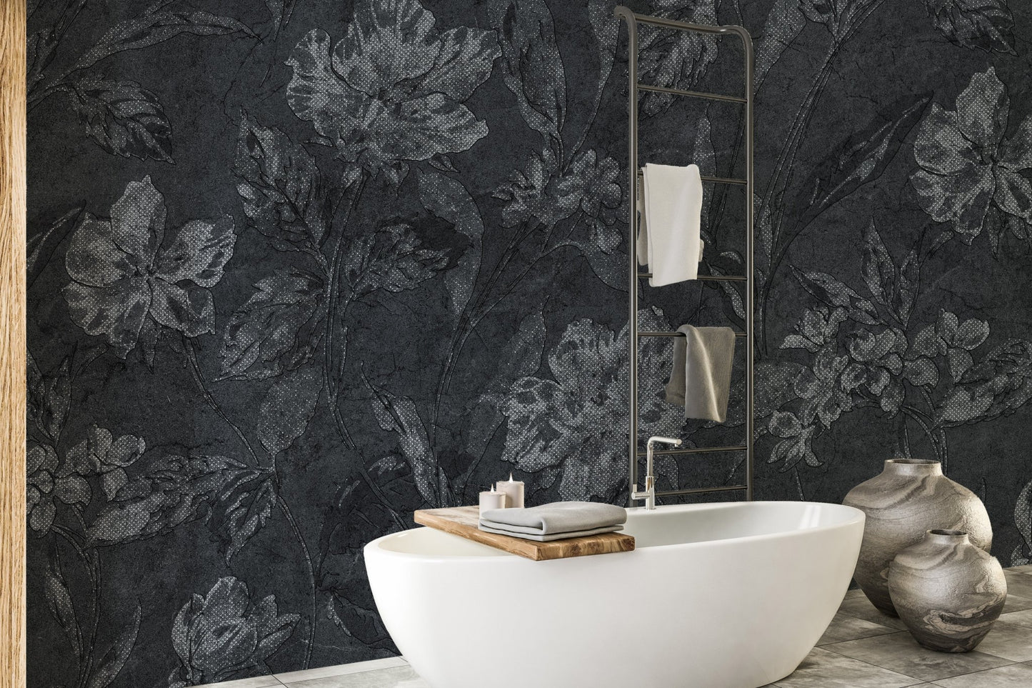 Black floral pattern wallpaper highlighting a sleek white sink in a minimalist washroom area.