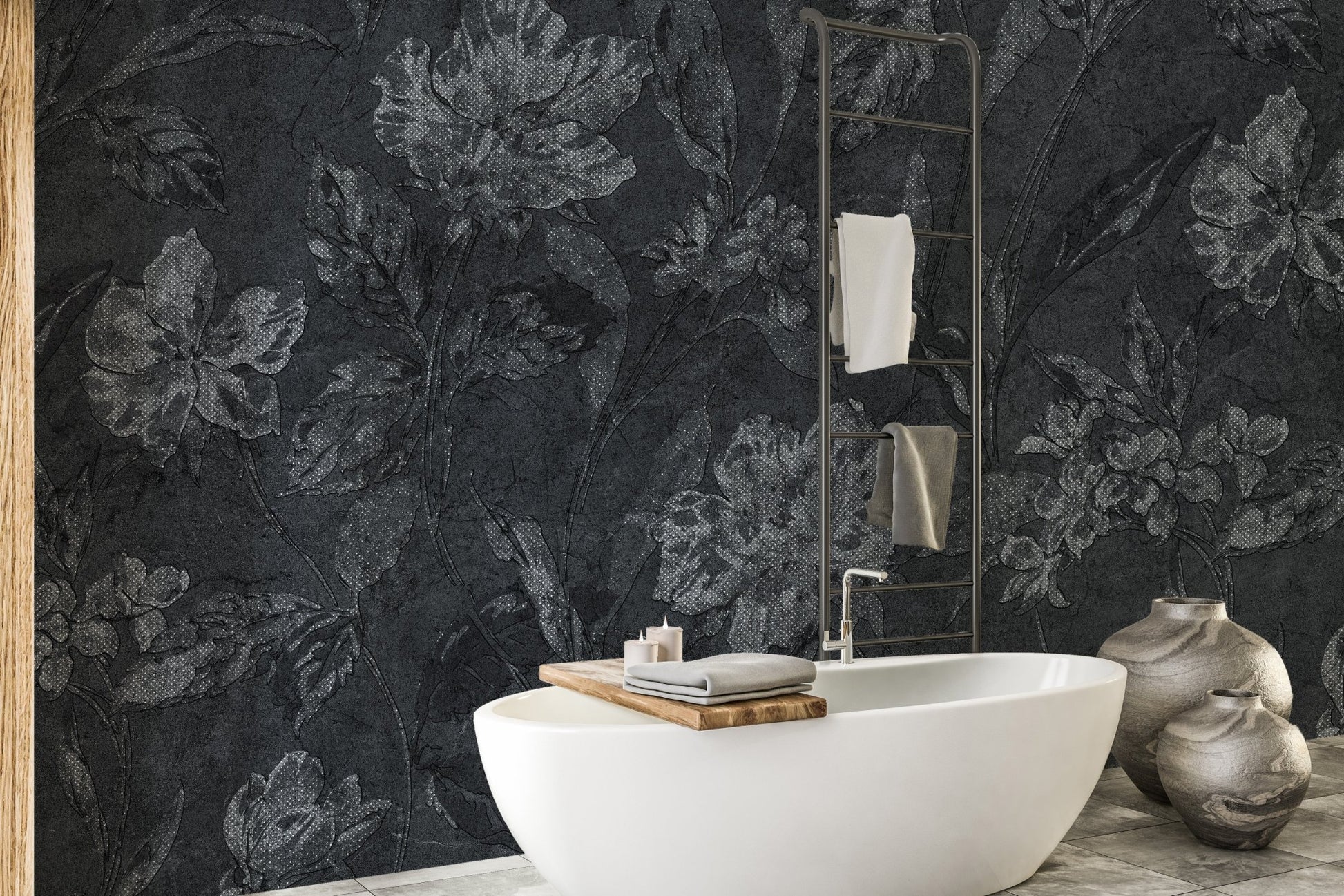 Black floral pattern wallpaper highlighting a sleek white sink in a minimalist washroom area.