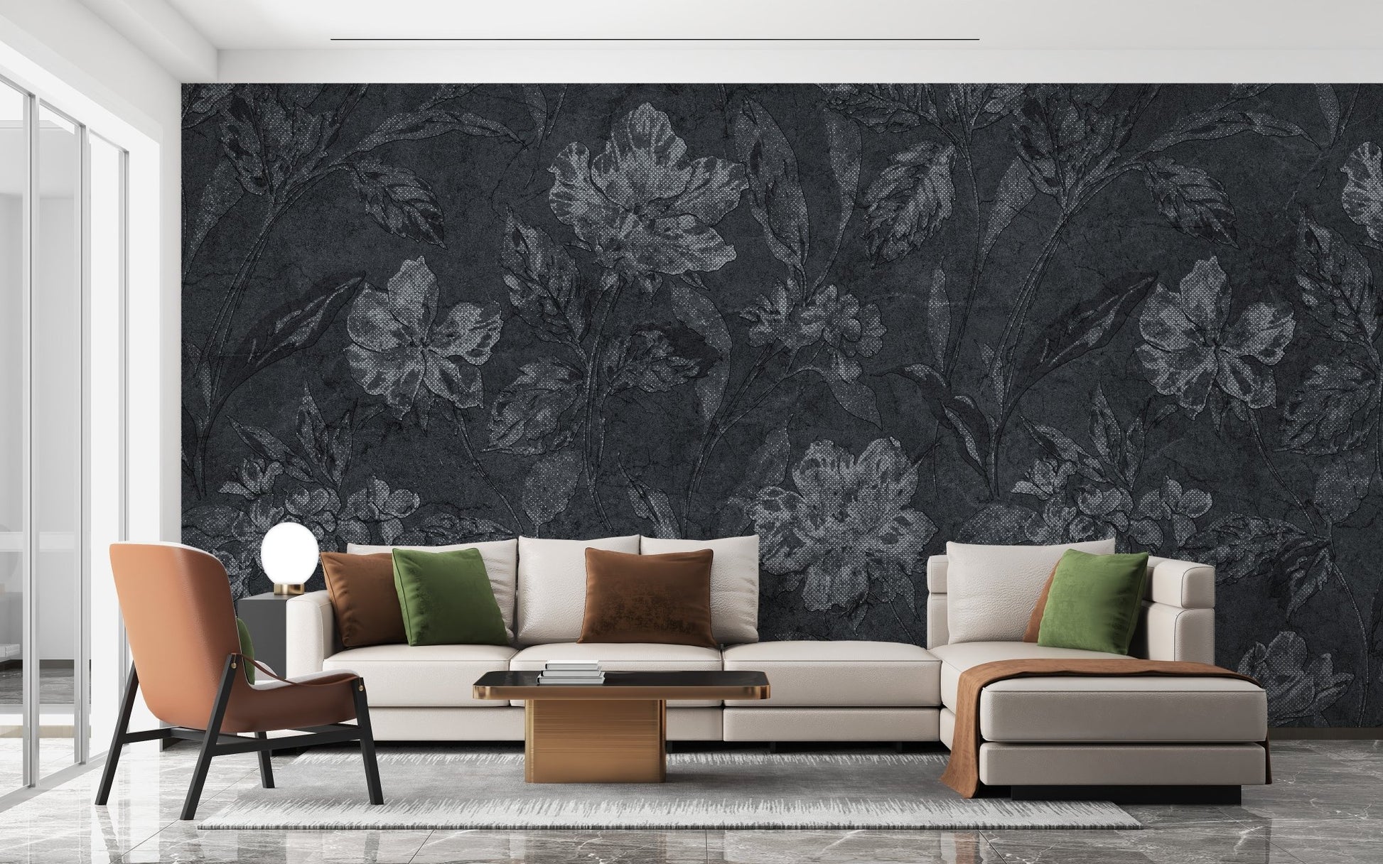 Sophisticated dark floral pattern wallpaper in a wide living space with a neutral sectional.