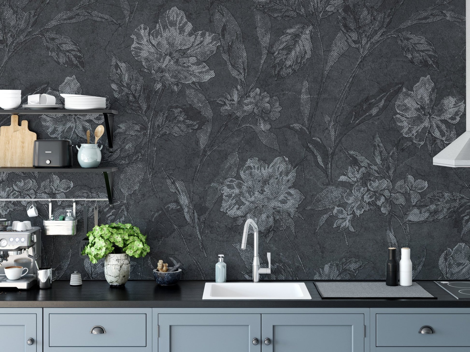 Charcoal flower pattern wallpaper on a kitchen backsplash wall with modern cabinetry.
